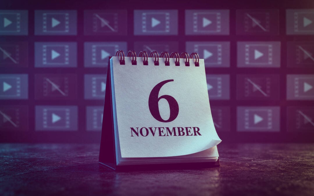 Desk calendar marked 6 November 2026, the date new UK pornography laws take effect, beside dimmed video file thumbnails.
