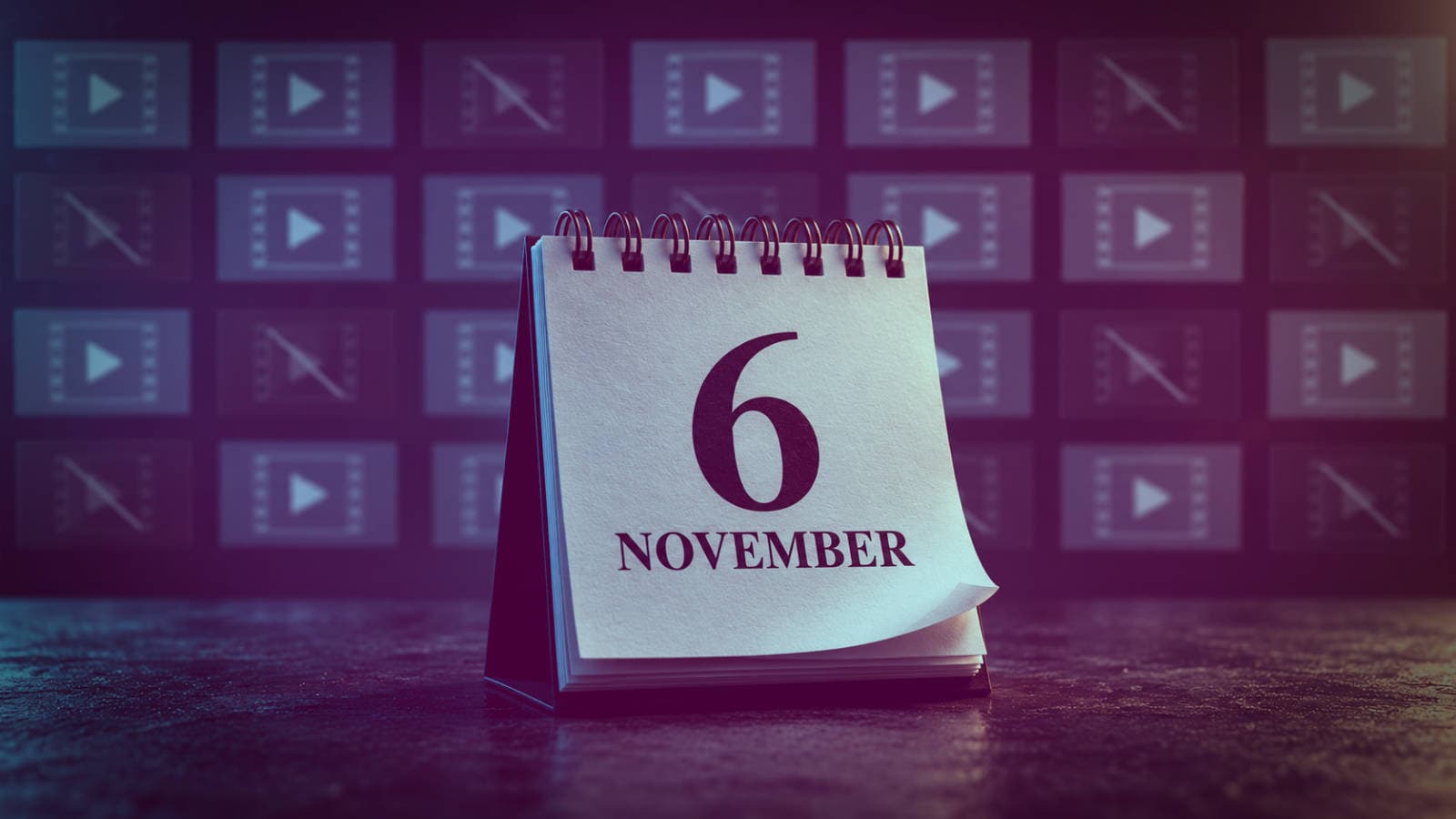 Desk calendar marked 6 November 2026, the date new UK pornography laws take effect, beside dimmed video file thumbnails.