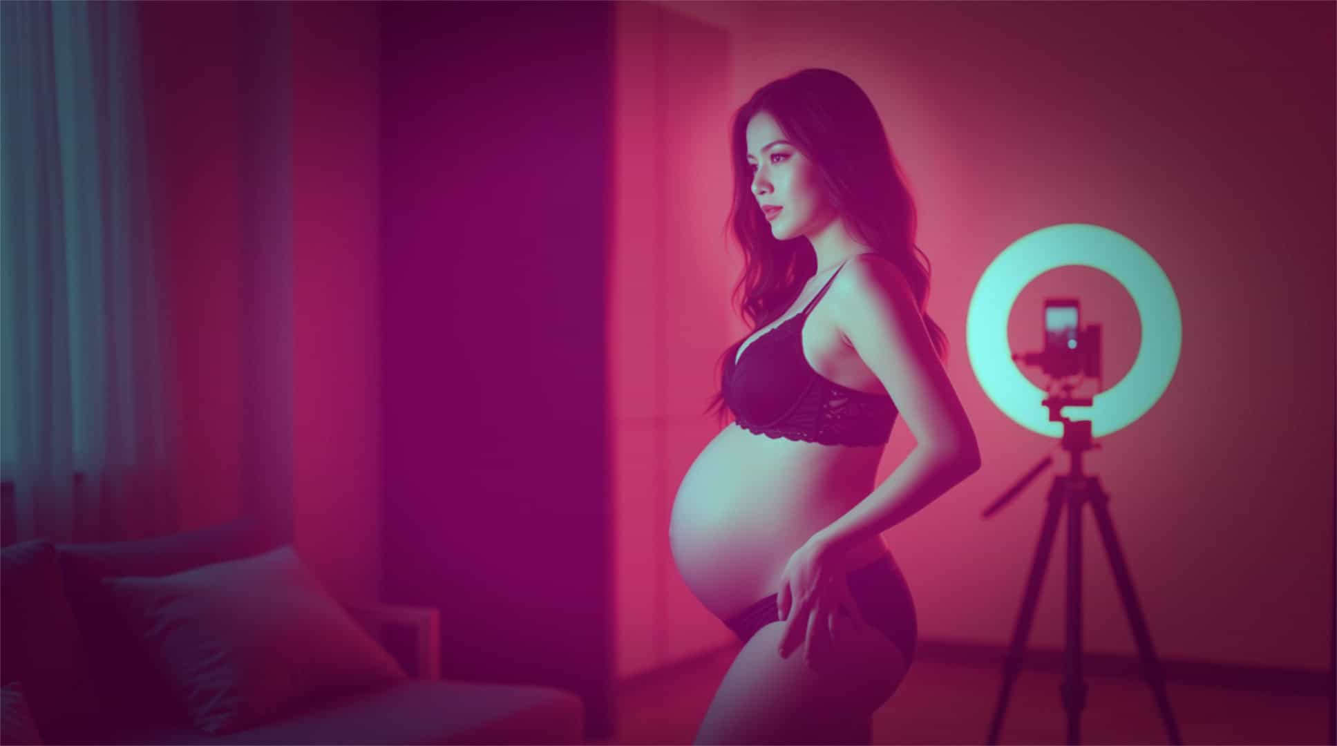 Pregnant adult content creator taking professional photos and videos for subscribers.