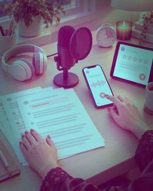Adult content creator recording a personalised audio message from a reusable script.