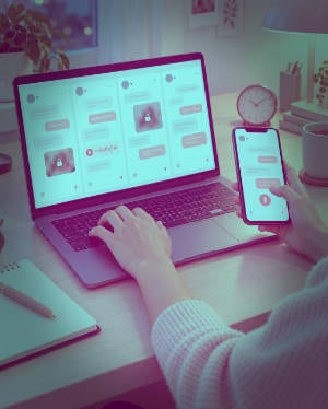Anonymous creator managing multiple paid conversations on a laptop and smartphone.