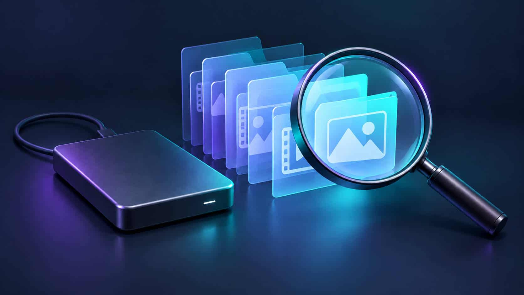 External hard drive and media folders being examined with a magnifying glass.