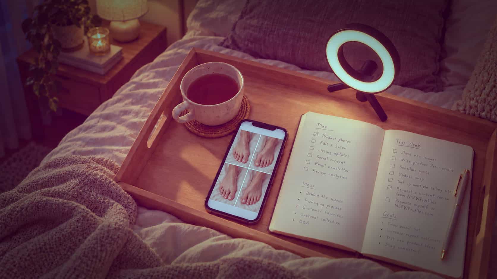 Planning Your Feet Photo Selling Business Phone displaying feet photos beside a handwritten selling checklist, tea and a ring light on a wooden tray in a softly lit bedroom.