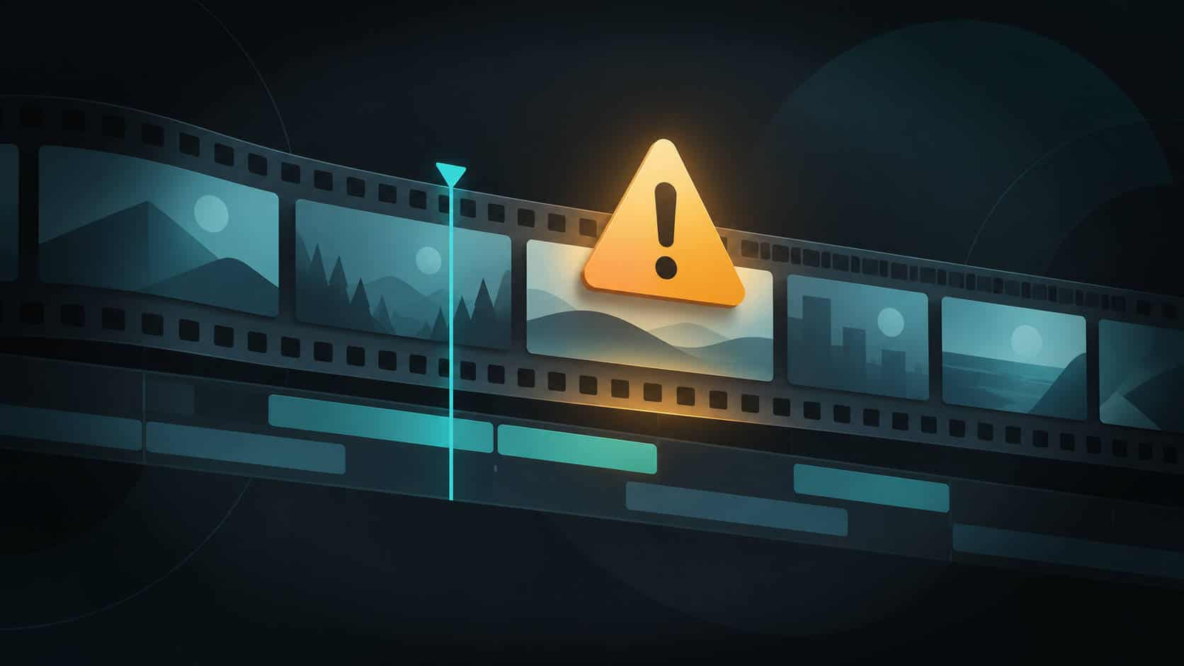 Abstract video timeline with an amber warning triangle representing adult content being reviewed.
