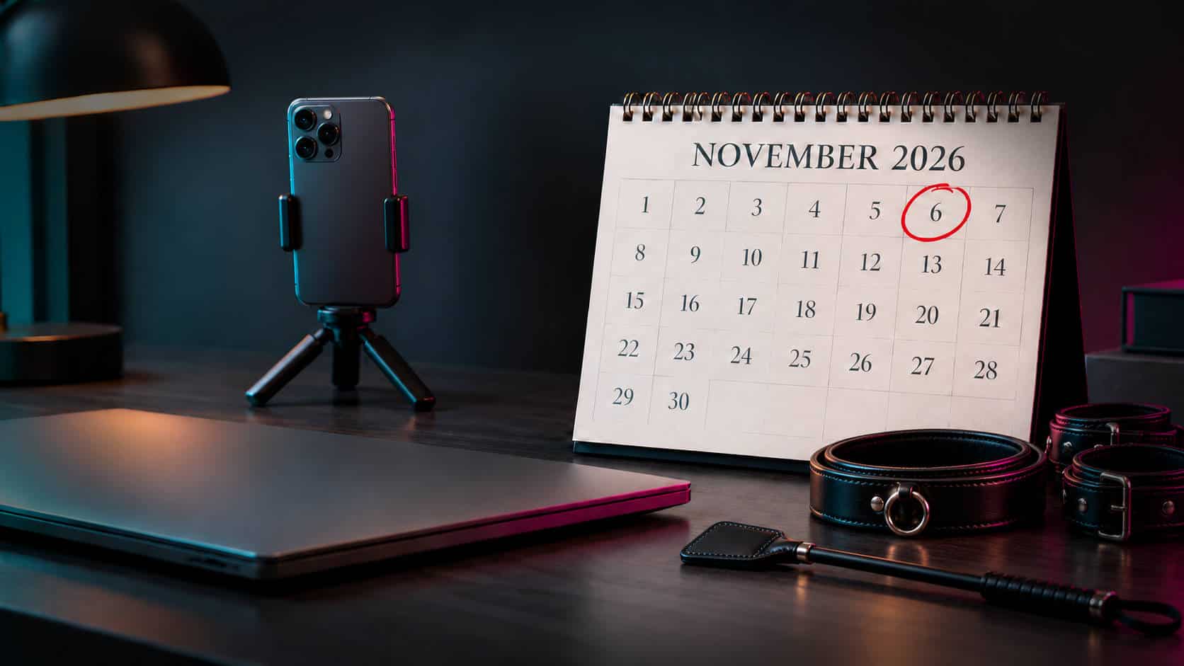 November 2026 calendar with the 6th circled beside a filming phone, laptop and BDSM accessories.