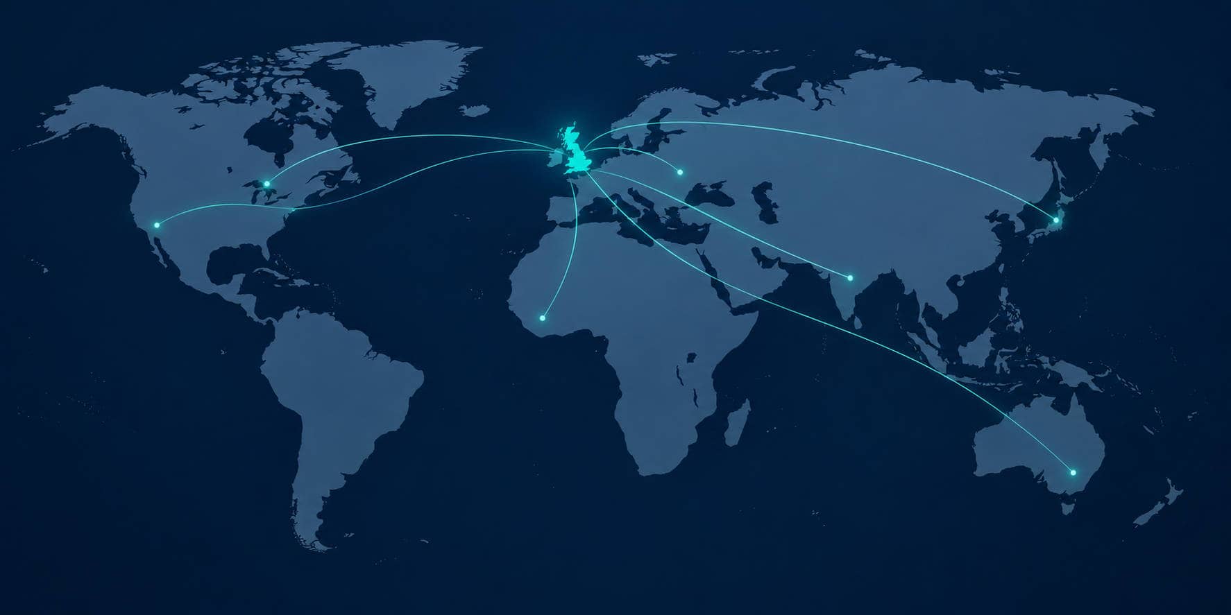 World map with the United Kingdom highlighted and connection lines extending to North America, Europe and Australia.